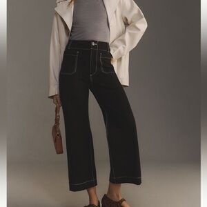 Anthropologie COLETTE Cropped Wide-Leg Contrast Stitch Pants Black Ponte NWT 30